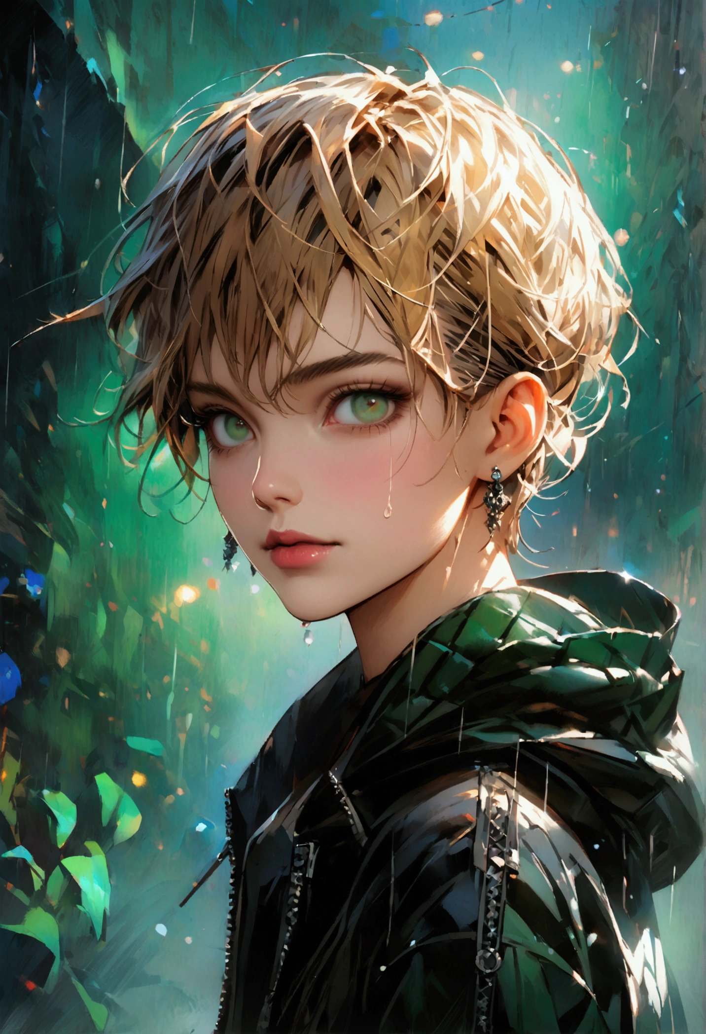 best quality, more details, masterpiece, 1boy,portrait, male focus, dark green eyes, solo, bangs, looking at viewer, hood, short hair, rain, tokyo, hood up, nail polish, blonde hair, luxurious, 8k, detailed, ray tracing, depth of field, cinematic lighting, "official art", "Realistic Digital Painting with Concept Art Elements"," digital painting," "concept art," "realistic," , "detailed environment: , "high detail", "detailed face", "high-res", "ominous aura,", "8k resolution", "oil painting", "graded colors", "darker tone" , "little saturation" ,"professionally colored", "detailed features" , "detailed eyes", "full body" , "wearing  mask" "complte body shit(upper and lower body visible in the drawing"