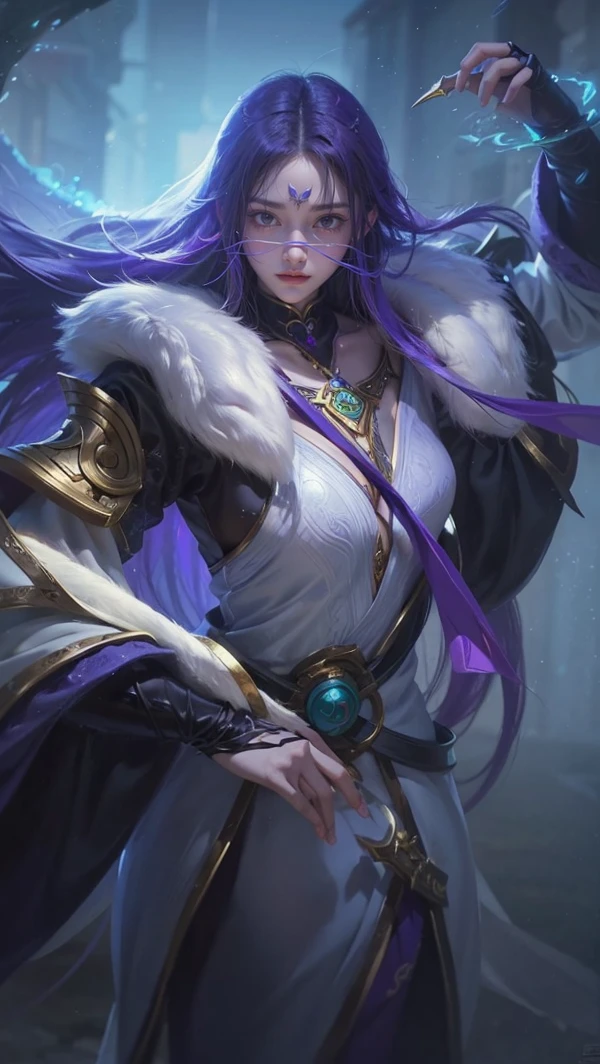 a close up of a woman with a purple and black costume, shadowbringers cinematic, 4 k detail fantasy, a beautiful fantasy empress, game cg, xianxia fantasy, xianxia hero, 2. 5 d cgi anime fantasy artwork, cinematic goddess close shot, ruan jia and artgerm, wow 4 k detail fantasy, hyperdetailed fantasy character