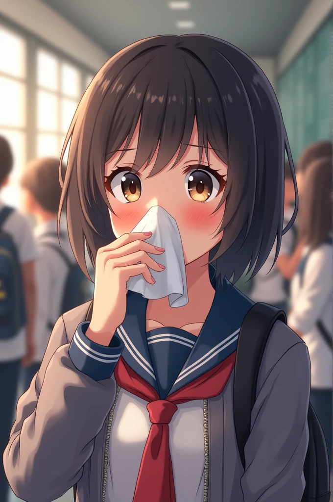 A high school girl with a runny nose