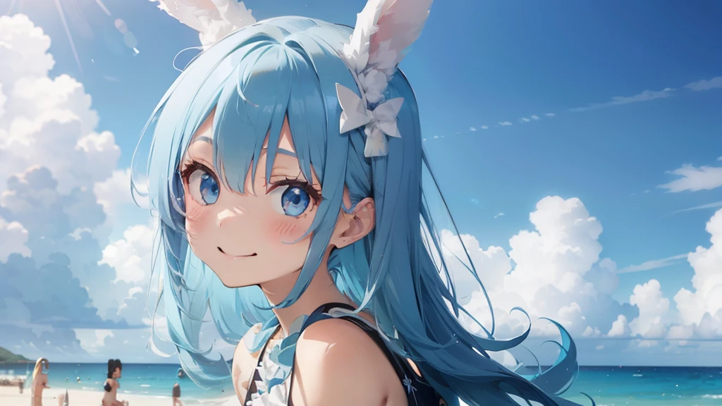 Highest quality, cute, pastel colour, Fluffy white bunny ears, smile,Blue colored hair,Blue colored eyes,wallpaper style,Beach、Sandy Beach、Swimwear