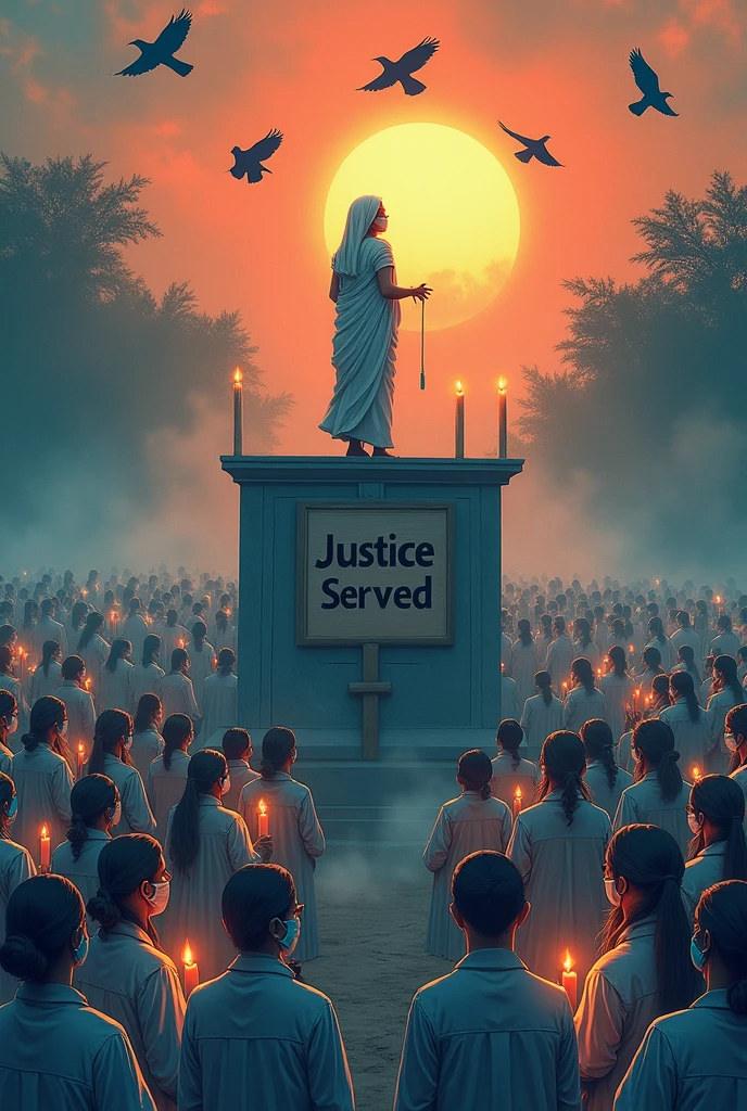 Thousands of women wearing a white doctor's coat , blue to white mask in their mouth, holding candle in their hand, a big justice board written justice served is kept near them.In a pedestal the jailor is hanging a man. The women are sitting and watching from down. The sky is sunset to night. 4 crows are flying in the . The background is foggy. Portrait illustration, soft colour pencil art,cartoon, high contrast.