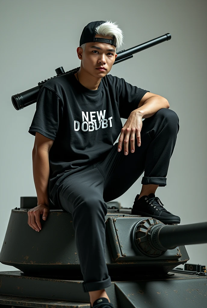 A handsome Indonesian young man,. white hair.and wearing a Snapback, holding a toy gun styled on his shoulder, sitting on the barrel of a modified replica tank toy gun with the strongest materials, wearing a squadron uniform that says "NEW DOUBT" black protection, realistic, 8k. Indonesian:mod by Vina Sumber