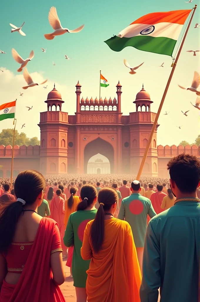 Happy independence day india 🇮🇳 image with red fort, people, birds, flags etc and also with written text HAPPY INDEPENDENCE DAY