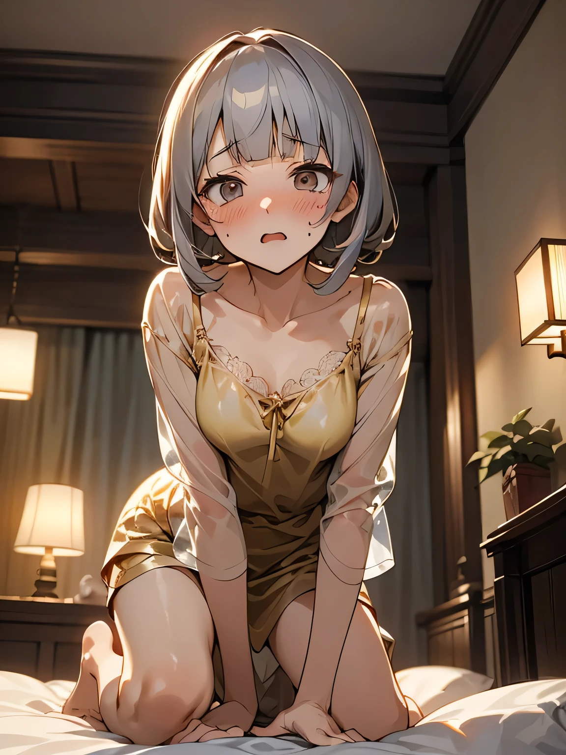 (looking upsideforward view:1.3), solo, 25 years old,hime cut, (blunt bangs:1.2), sexy eyeliner, dark gold color nightgown, collarbone, blush, (dark silver color see-through), dark gold color lace trimming, (embarrassed and surprised expression), (I'm the main character:1.2), quietly, indoors, bedroom, bed, kneeling on bed, theater lights,(ukiyo-e)