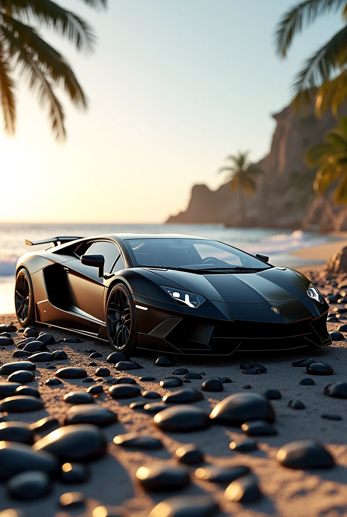 I want an image of a Lamborghini Aventador 12000 Black Ice with small licorice around it and a beach background, with the car sitting on beautiful, shiny black stones.