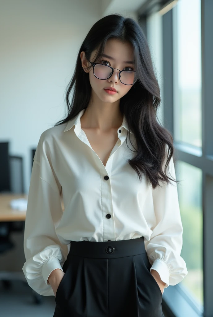 true photo, 18-years-old, wearing white blouse with collar and black skinny office suit pants, flat breast, without jacket, black skinny office long pants, weeping, crying, sad, dropping tears, open some buttons to show brassiere, thin and narrow waist 1belt, wearing thin and round frame glasses on face, brassiere seen through, standing in bright office, full body view, best quality, masterpiece, ultra high res, (photorealistic:1.4), brown eyes, double edged eyelids, slightly symmetric eyes, black long hair, (extremely detailed natural human skin), detailed natural human hair, detailed natural hum lips, looking at viewer, (detailed clothes:1.2), (extremely detailed eyes and face), 8k, RAW photo