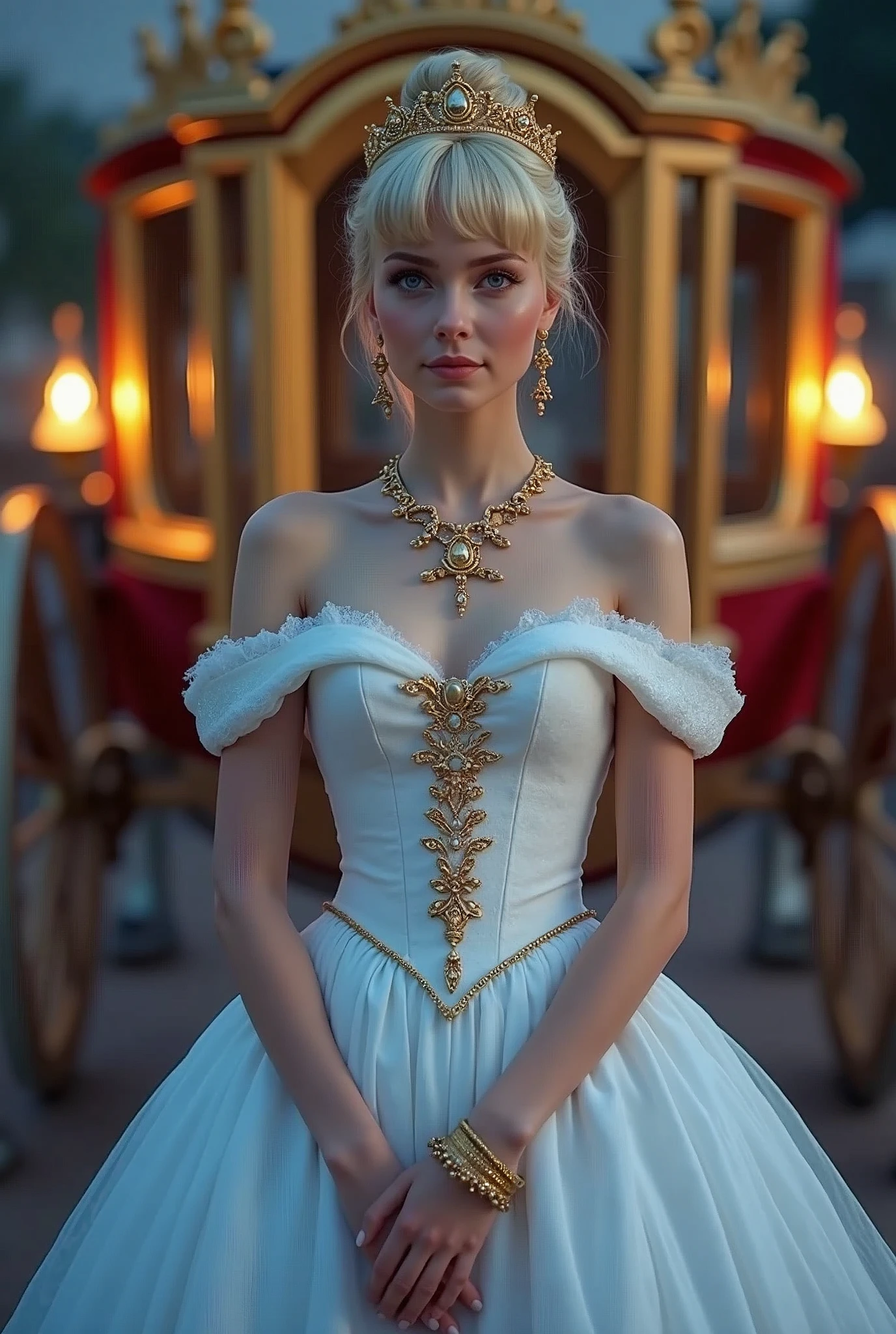Two-horse pull carriage, gorgeous carriage, Pick-up from the palace, In front of the palace at night, In front of the carriage, at viewer, English female, Age: 20 age-old, blond hair , chignon , fringe, beautiful blue eye, little smile, (middle cup breasts, slender whist, middle hip ,beautiful pussy, beautiful anal, public hair),(White color Princess dress, Velvet Fabric, evening long dress:1.3), A Royal blew gown is draped over her shoulders to keep out the cold,stockings, HI heals, gold ring earring, gold neckless, bracelet, tiara , standing ,UHD, accurate, anatomically correct, textured skin, super detail, high details, high quality, best quality,