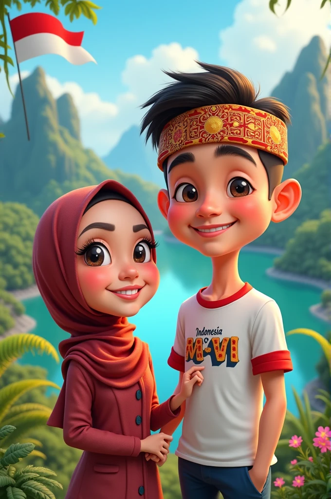 5D caricature of a short woman wearing a hijab and a tall 23 year old Indonesian man, wearing a batik motif headband with writing "Indonesia", smiling sweetly. Indonesia, Indonesian woman wearing a red shirt with " Indonesia M-V ", and white pants and black shoes is holding an August Indonesian flag. with a mountainous and lake backdrop. Clear picture. Clear writing