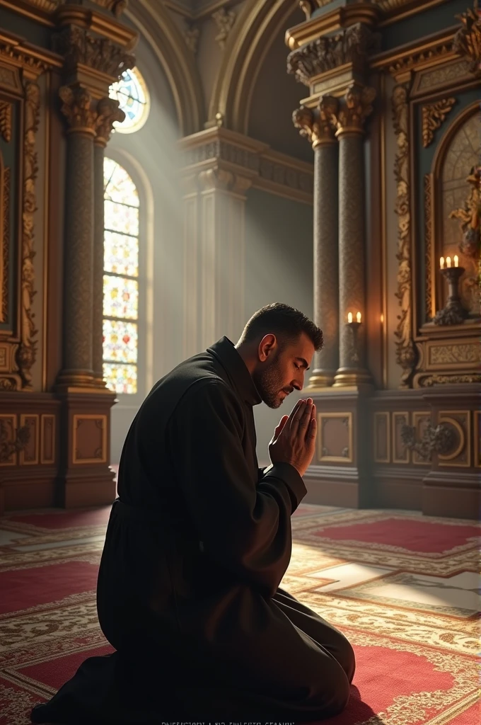 (best quality, amazing artwork), man in prayer suit, serene lighting, calm atmosphere, expressive shadow, religious devotion, stunning sharpness.