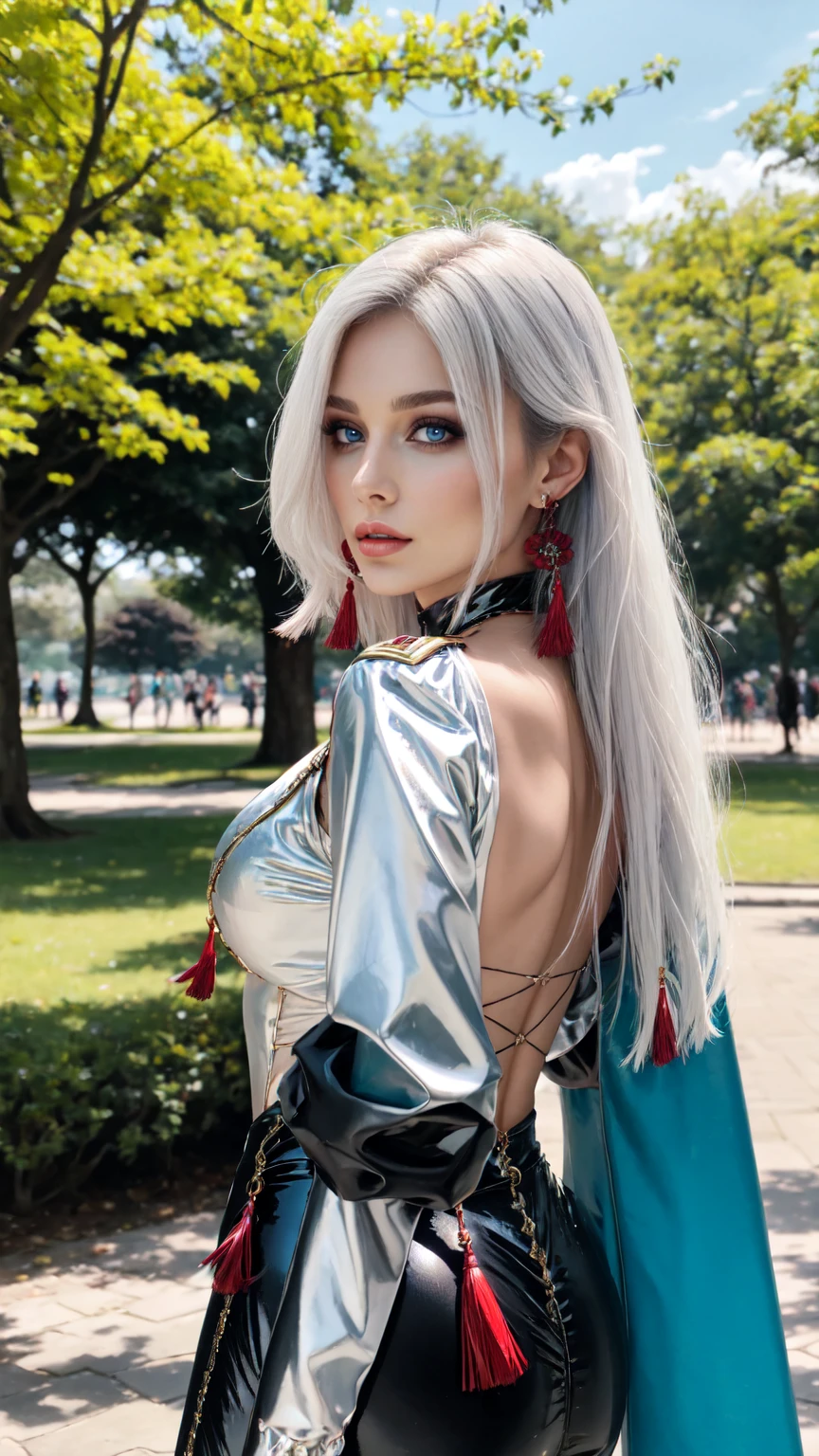 
shenhe(genshin impact), tassel, hair over one eye, 1girl, latex outfit,tassel earrings jewelry, long hair, blue eyes, earrings, white hair, parted lips,standign in the park