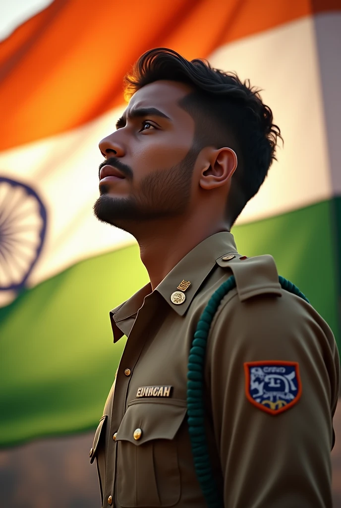 25 year old Indian boy is celebrating Independence Day on 15th August 2024. His name Vivek is written on his uniform or he is saluting the Indian flag or he is wearing the uniform of the Indian flag or he is facing the Independence Day. to cry