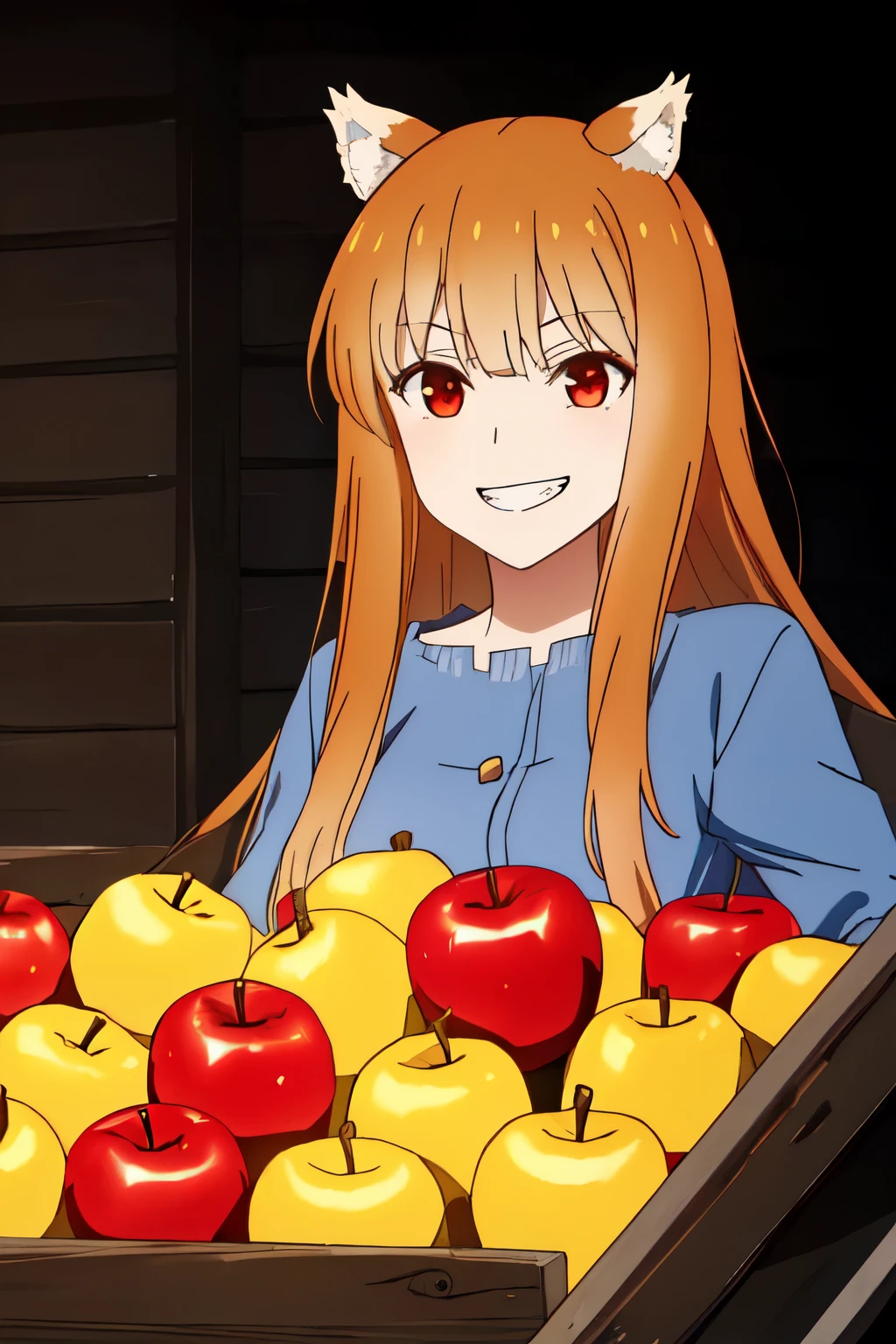 (best quality:1.2), (ultra detailed:1.2), ultra high resolusion, highres,8k, Country roads, wheat fields, hoodless horse-drawn carriage, "Spice and Wolf", Holo lying on a heap of apples piled up on a loading platform, grin, orange hair, long hair, wolf ears, bushy wolf tail, afternoon, and a little apple left with only a core,