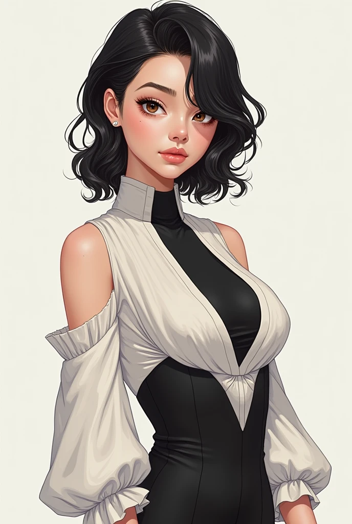**Create a detailed illustration of the character Sophie with the following characteristics:**

- **Hair:** Dark, styled in an elegant and graceful manner.
- **Skin:** Fair and flawless.
- **Build:** Slim and toned, approximately 1.60 meters tall.
- **Outfit:** Elegant and stylish, complementing her graceful appearance.
- **Appearance References:** A blend of Jihyo and Sara Orrego.
- **Expression:** Enchanting and connected, with a gaze that conveys depth and sophistication.

**Background:** Include a neutral or simple background to focus on Sophie’s appearance and style.