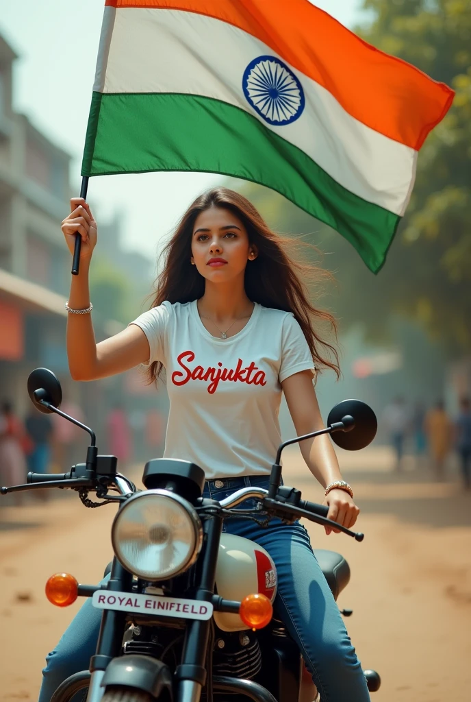 Imagine A girl sitting on royal Enfield holding tiranga on hand printed sanjukta on his t shirt