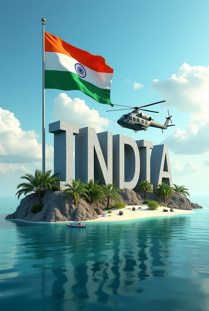 'Name "RPDesignStudio" real 3D sea Island background with big Indian flag, stone text capital big helicopter, ships ,stone peal stylish in front 3D rendering typography ,3D render poster, fashion"