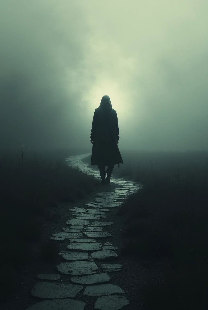 Create an image that matches this poem You walk through life following the paths that others trace,
absorbing every whisper, each judgment.
bet, Looking back, you will find that everyone has turned to dust,
and that, like them, you will also disintegrate,
without hope of a return."
Make the image exciting and dark somber