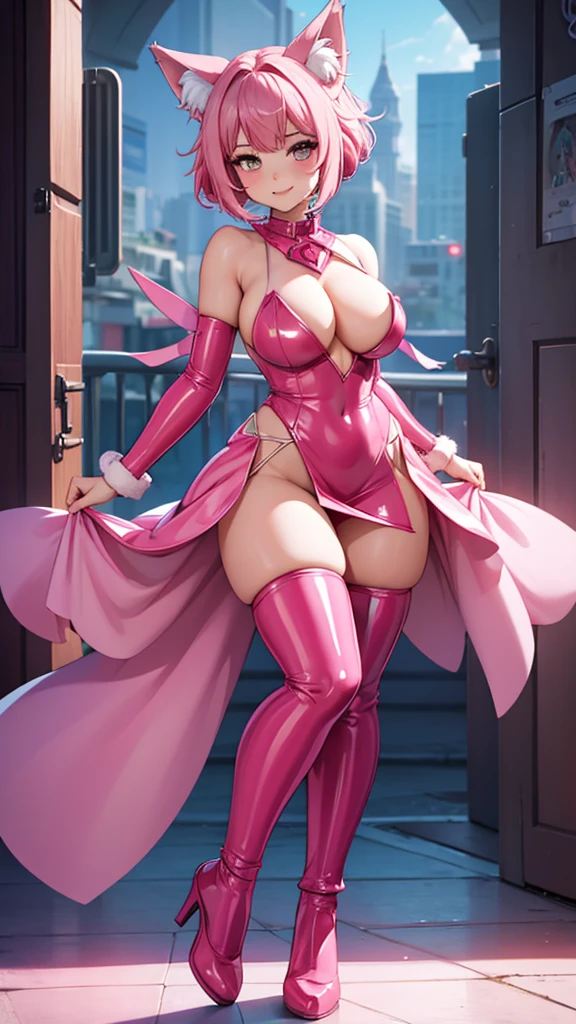 Happy , with wolf ears and pink hair, holding her cheeks, wolf tail, wearing a latex dress, looking at veiwer, full body, you can see her chest, bare breasts