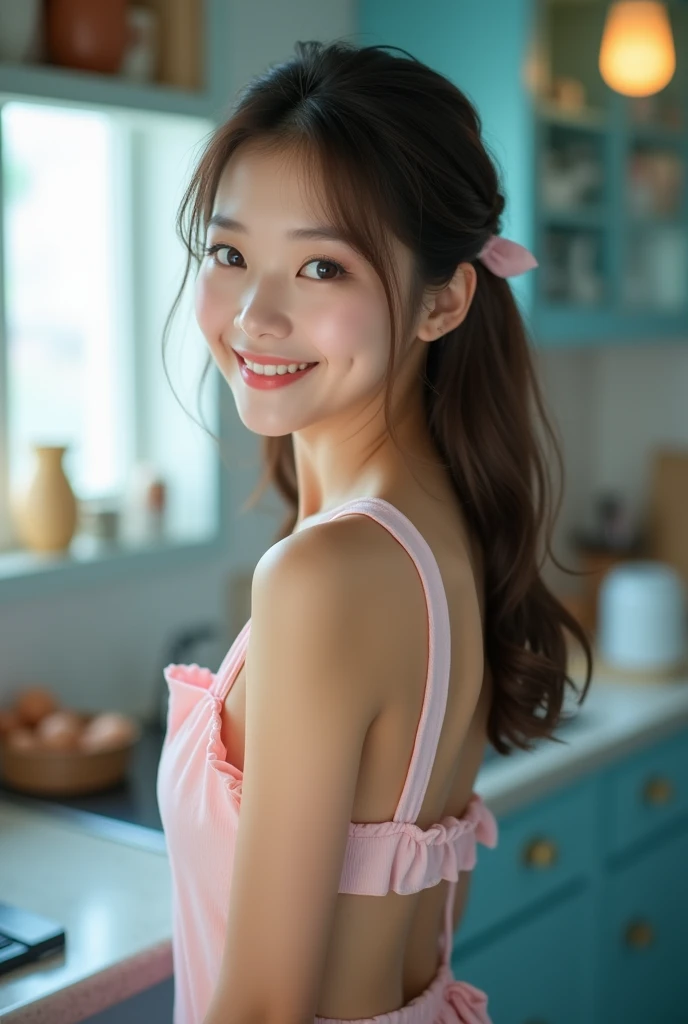 Product quality, One girl, Full Body Shot, Front view, Young and pretty girl in Japan, Shoulder-length hair, She was wearing only a pink silk satin apron with white frills around her naked body.、With a big smile, Cooking in a luxurious kitchen, Attractive person, Wet Hair, Wet body, Big Breasts, Super cute face, Glossy Lips, Double eyelids on both eyes, Natural Makeup, Long eyelashes, Shiny and smooth light brown hair, Asymmetrical bangs, Fair skin, Center image, High resolution, Attention to detail, Detailed hairstyle, Detailed face, Cinema Lighting, Octane Rendering, Vibrant, Ultra-realistic, Perfect limbs, Perfect Anatomy