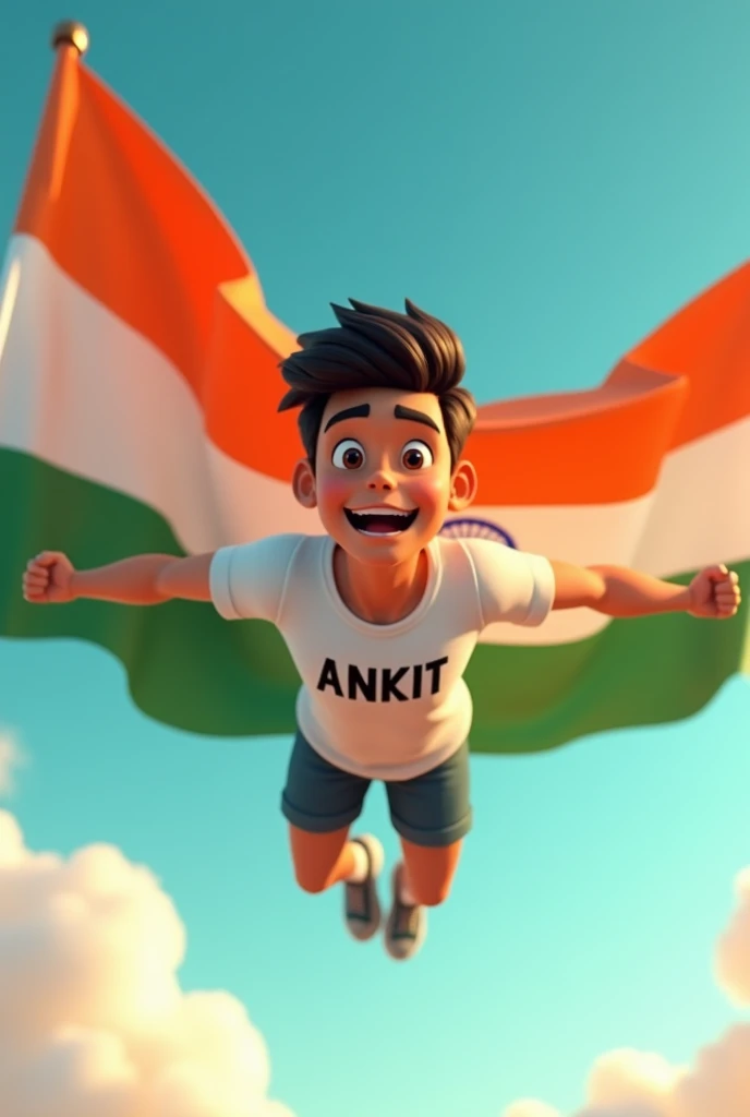 in 3d animation style a vary handsome  boy  15year fly india tiranga ankit name is printed on the T-shirt 