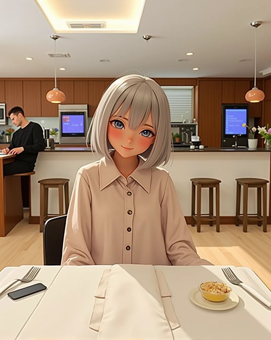 (RAW Photos, Highest quality, masterpiece: 1.2), (Realistic: 1.4), Best lighting, 20-year-old, (Detailed aspect, Detail Eyes, Light grey eyes, Light grey hair, Short straight bob cut, Symmetrical eyes :1.3)