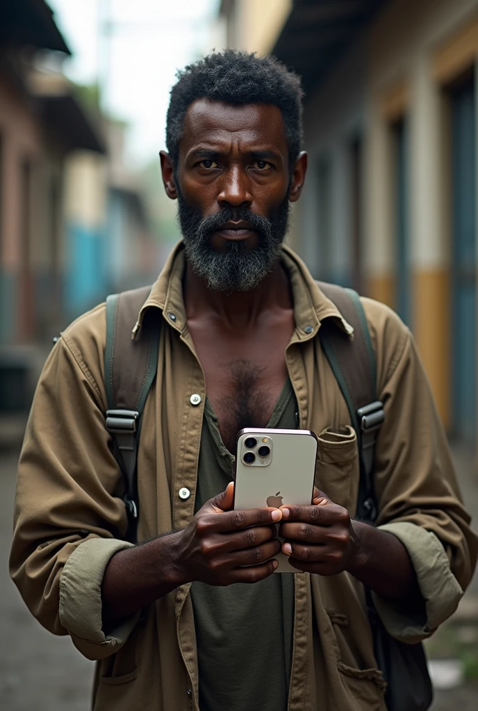 Poor Brazilian Black man with torn clothes holding an iPhone 15.