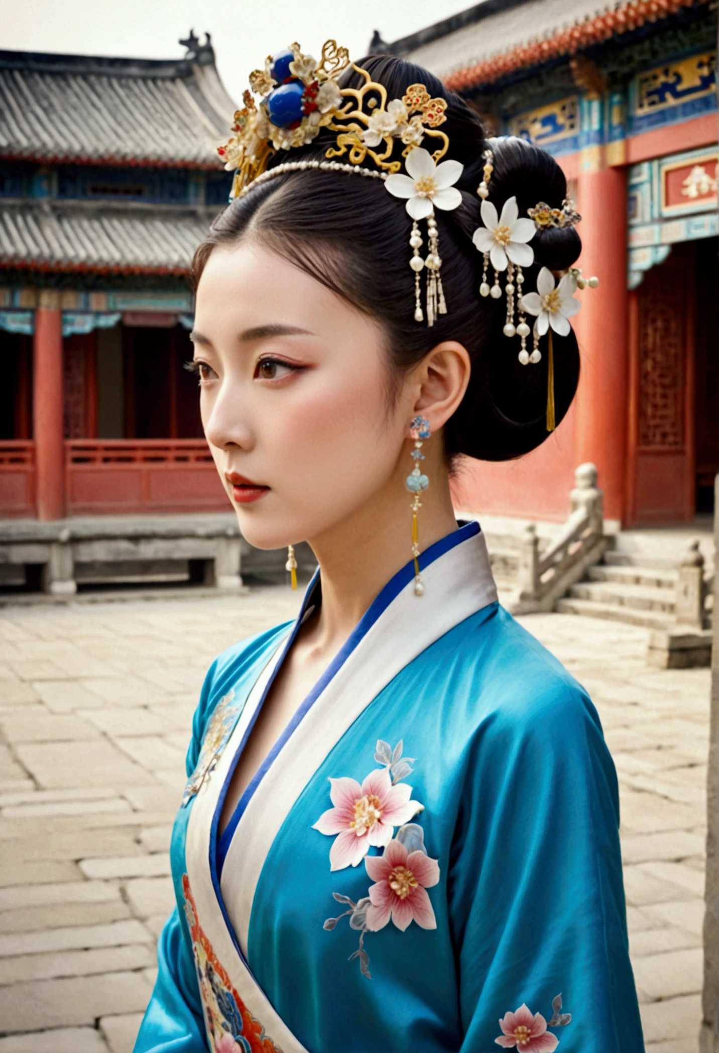 In the Qing Dynasty palace, the Empress had a naked, large chest.. She is wearing a crown and a flower hairpin.、Tie your bangs up.、The hair at the back of her head was tied up and pulled back.. The background is the stone paving of a Chinese palace during the Qing Dynasty..