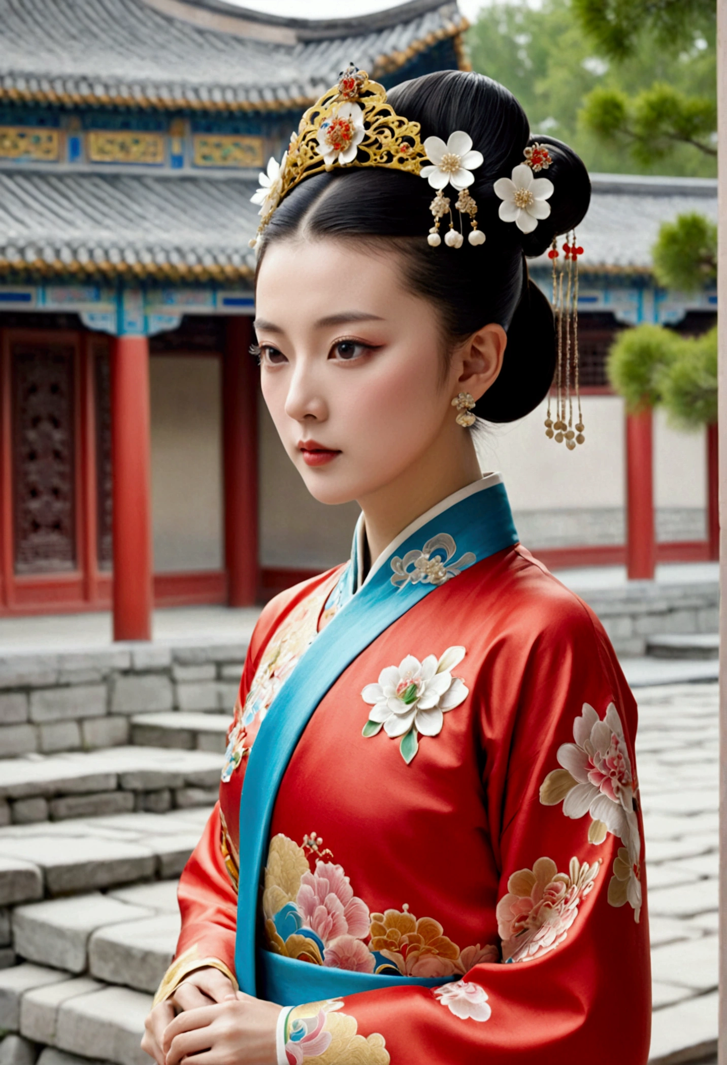 In the Qing Dynasty palace, the Empress had a naked, large chest.. She is wearing a crown and a flower hairpin.、Tie your bangs up.、The hair at the back of her head was tied up and pulled back.. The background is the stone paving of a Chinese palace during the Qing Dynasty..