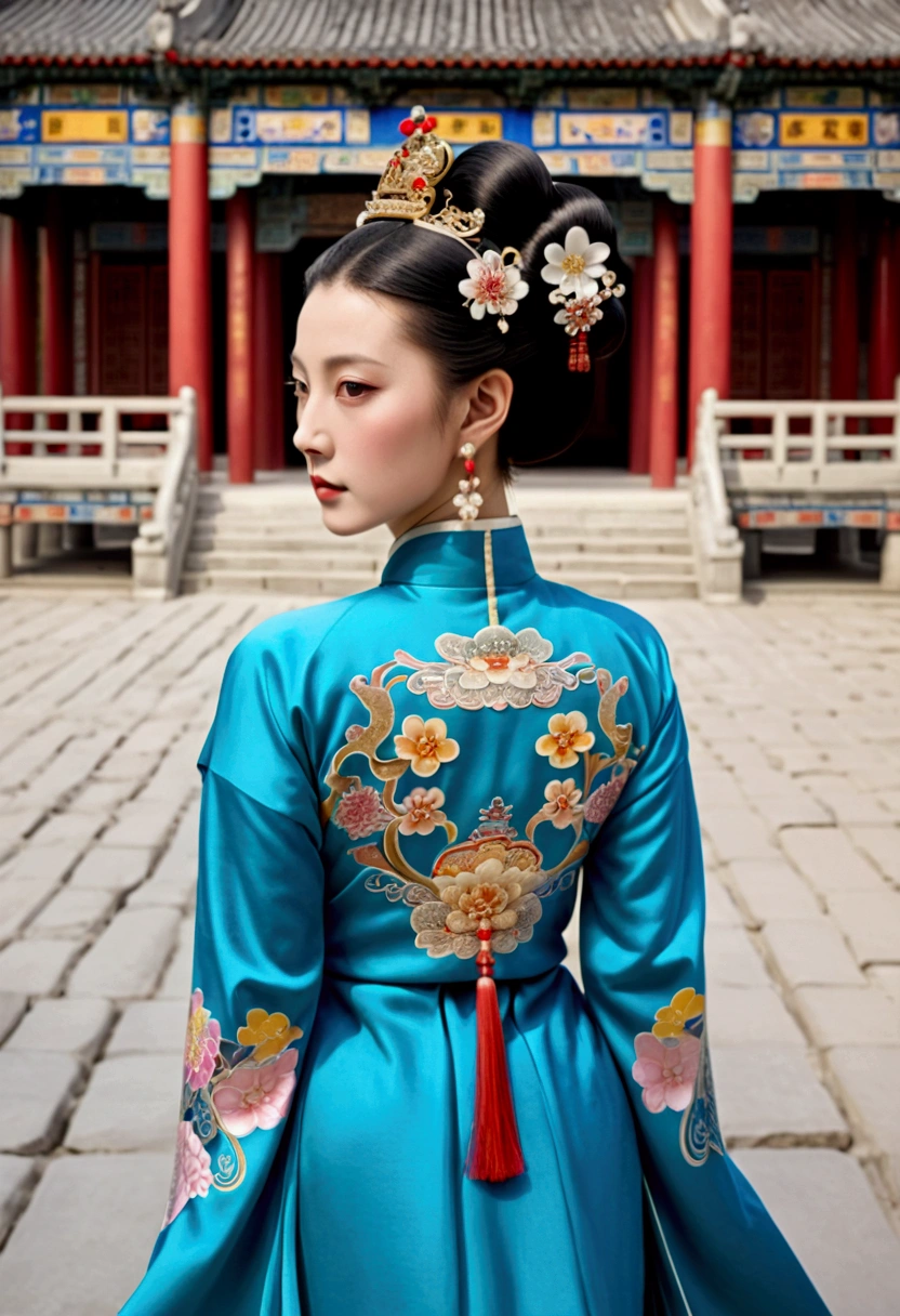 In the Qing Dynasty palace, the Empress had a naked, large chest.. She is wearing a crown and a flower hairpin.、Tie your bangs up.、The hair at the back of her head was tied up and pulled back.. The background is the stone paving of a Chinese palace during the Qing Dynasty..
