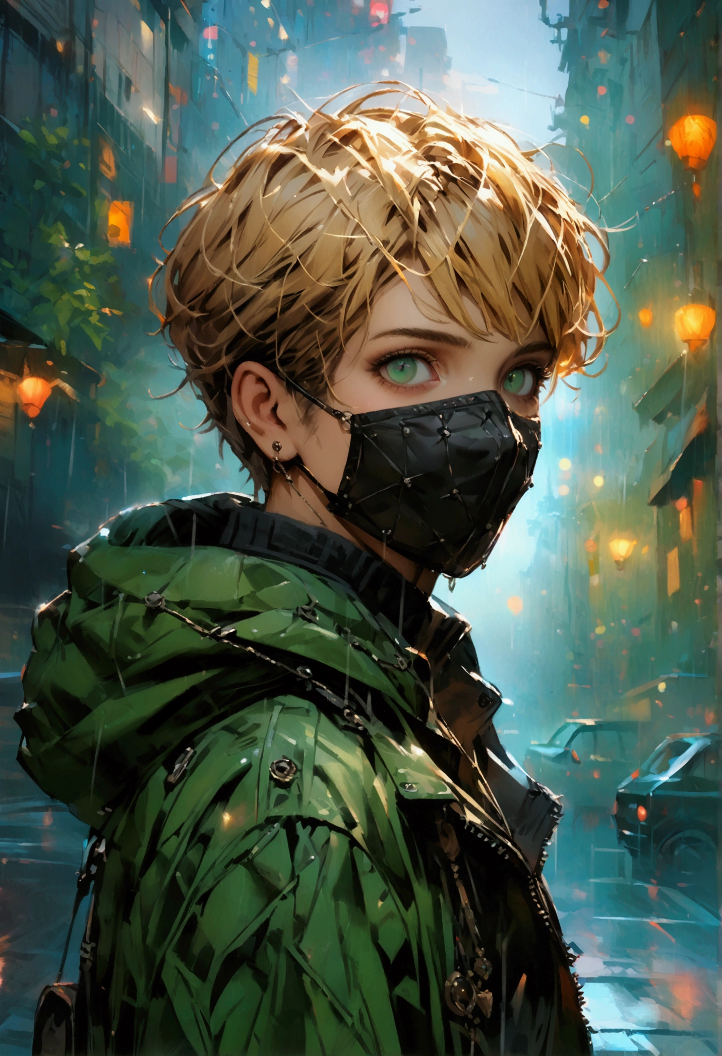 best quality, more details, masterpiece, 1boy,portrait, male focus, dark green eyes, solo, bangs, looking at viewer, hood, short hair, rain, tokyo, hood up, nail polish, blonde hair, luxurious, 8k, detailed, ray tracing, depth of field, cinematic lighting, "official art", "Realistic Digital Painting with Concept Art Elements"," digital painting," "concept art," "realistic," , "detailed environment: , "high detail", "detailed face", "high-res", "ominous aura,", "8k resolution", "oil painting", "graded colors", "darker tone" , "little saturation" ,"professionally colored", "detailed features" , "detailed eyes", "full body" , "wearing mask" "complte body shit(upper and lower body visible in the drawing" , "Balaclava mask""