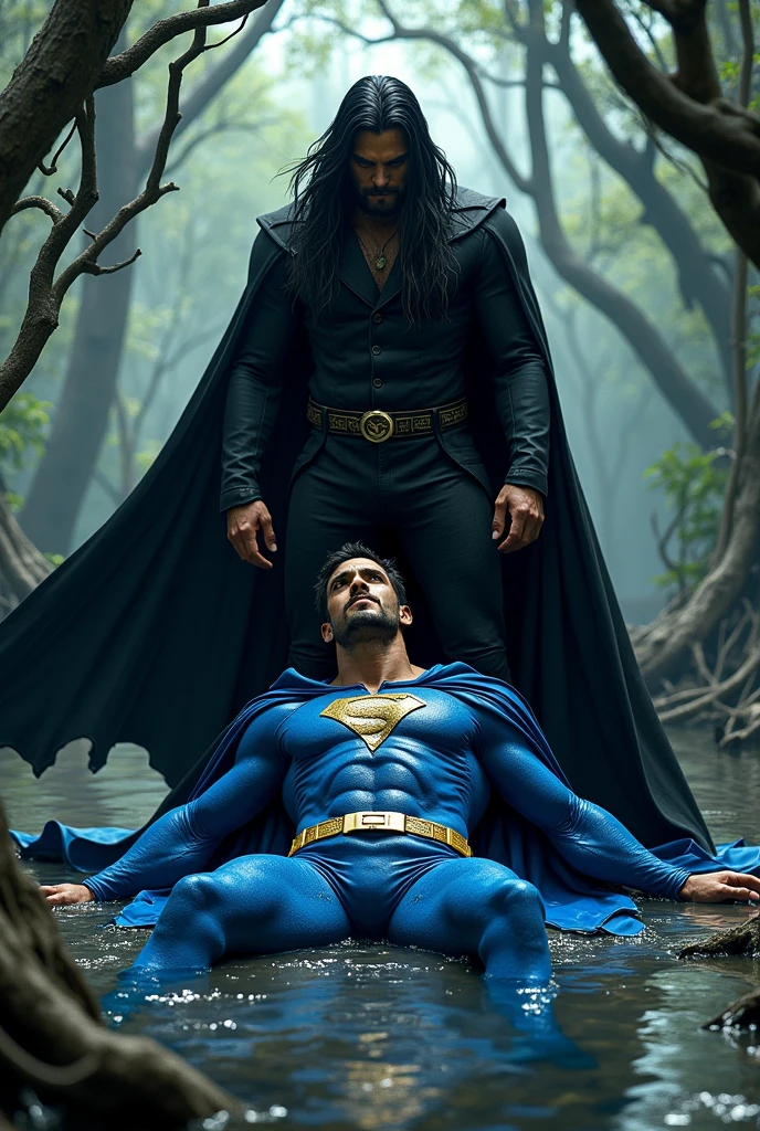 male superhero dressed in blue, A cape and mask, beaten and defeated by a male supervillain dressed in black with long hair in a mangrove swamp.