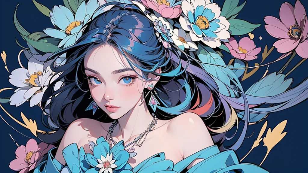 32K, 最高quality, 最高masterpiece, (ultra-Detailed Background, Detailed Background), High resolution, Super detailed, Very detailedな, 1 personの, (bouquet:1.3), (Tangled:1.2), (Geometric:1.2),(colorful),(masterpiece, quality, best quality, Official Art, Beautiful and beautiful:1.2), (1 person:1.3), Very detailed,(colorful:1.1)(Flowers:1.3),Most detailed,(Tangled:1.2), whole body, (Abstract background:1.3), (Skin glows), (Many colors:1.4), ,(Earrings Jewelry:1.5), Light Blue Background,