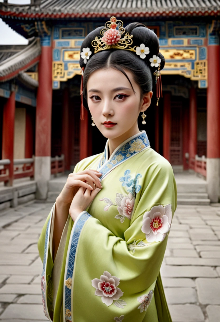 In the Qing Dynasty palace, the Empress had a naked, large chest.. She is wearing a crown and a flower hairpin.、Tie your bangs up.、The hair at the back of her head was tied up and pulled back.. The background is the stone paving of a Chinese palace during the Qing Dynasty..