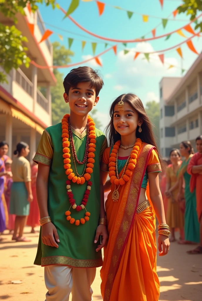 A beautiful 18 year old Indian boy and girl celebrate independence day in the school different look