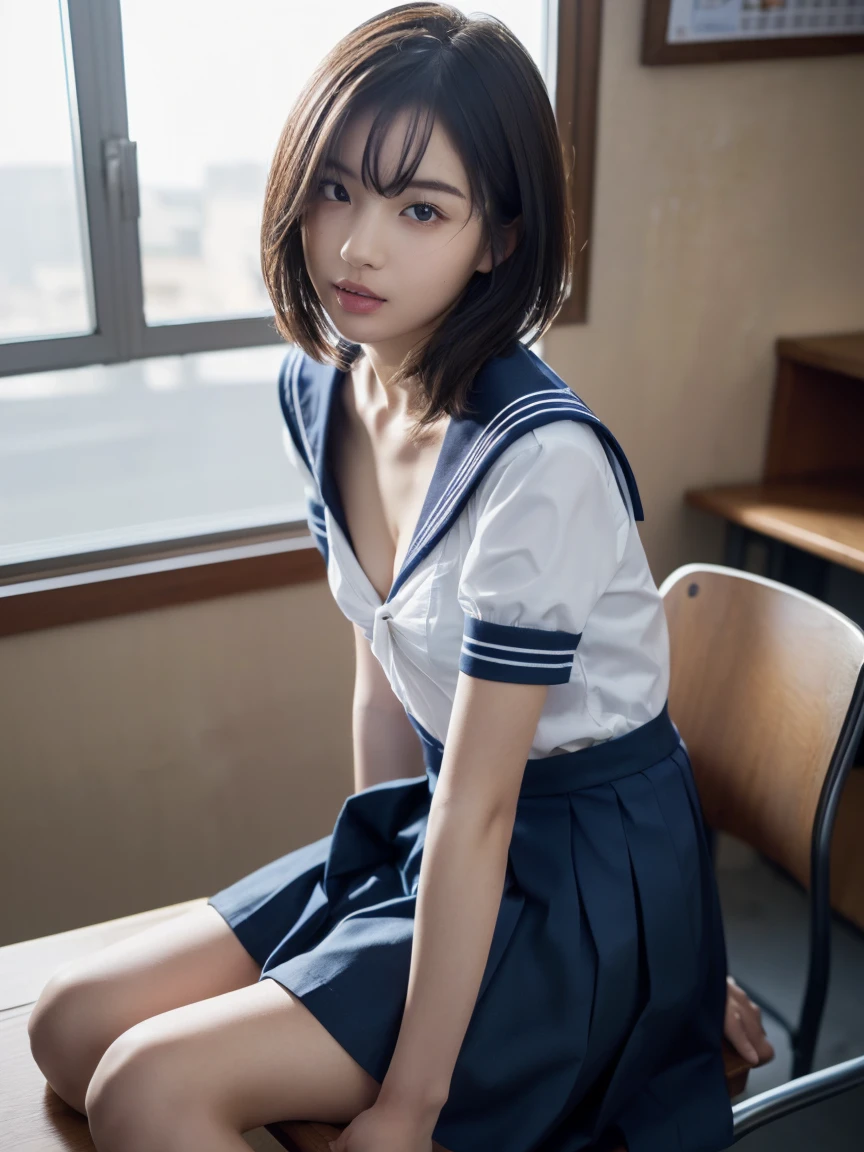 (masterpiece:1.2), Very detailed, Ultra-high resolution, (Realistic, photo Realistic:1.6), High-resolution RAW color photos, Professional photos, Sharp focus:1.2, (Very detailed顔と肌の質感, Very beautiful eyes, Glossのある肌, Glowing Skin, Glowing Skin, Shining Face, Gloss, Oily skin, greasy face, Oily skin, greasy face,),, (real Glossのある肌 texture), Perfect Anatomy, Very detailed背景,(High school classroom at night),1 female,(short hair, Straight hair, bangs, Brown Hair),((Flat Chest:1.6)),(Slender legs), ((((White short-sleeved sailor suit、Navy blue pleated skirt:1.5、Sexy string T-panty inside the skirt:1.5))),((sit at a desk with your knees up:1.4))、(((See-through transparent cloth sailor uniform:1.6))),(((Sexy bra covered by sailor suit:1.4))),Invite to sex