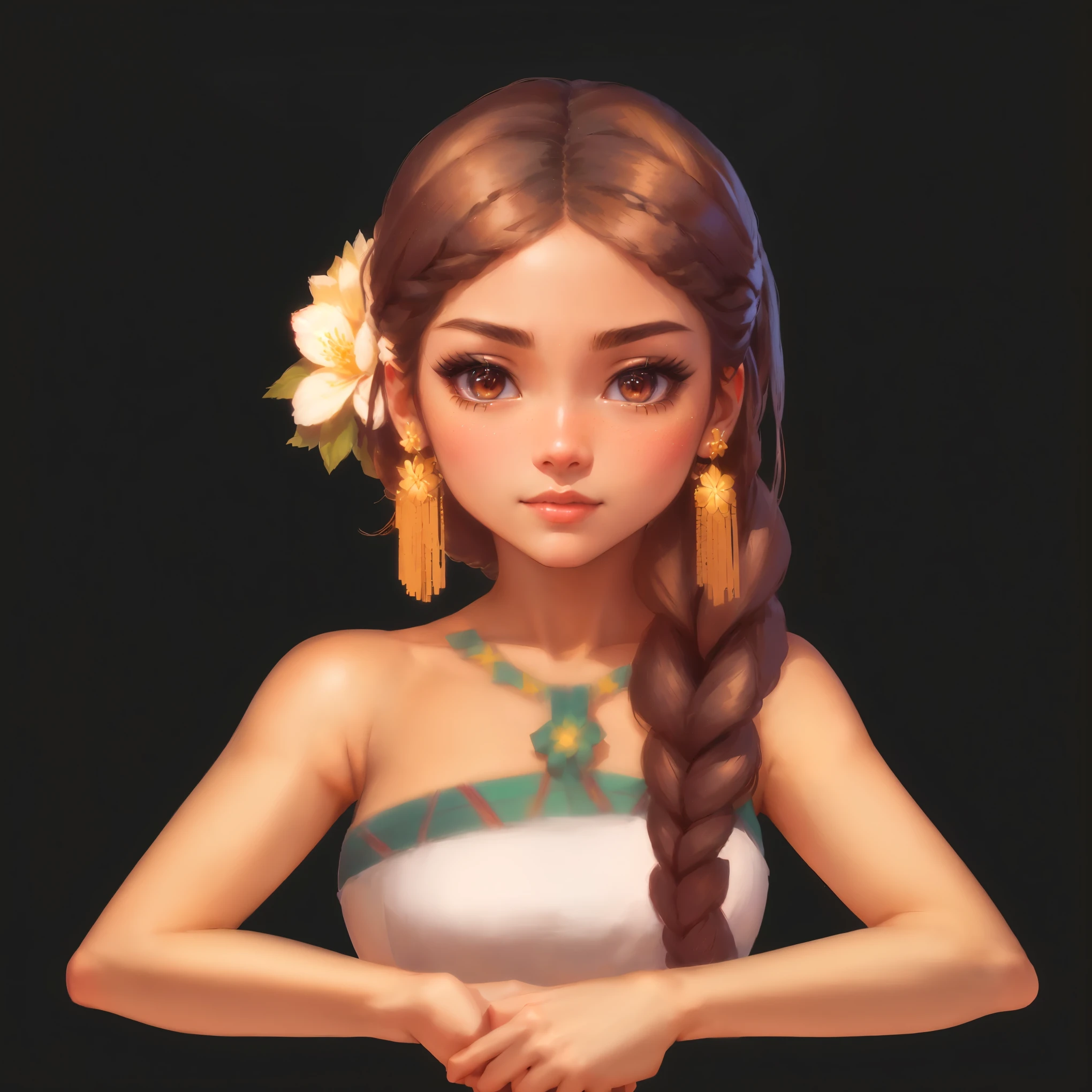 There was a woman，Her hair is braided，Wearing flowers on the head, Portrait of a Modern Darna, very detailed character, 3D rendering style, Rendering a cute 3D anime girl, Stylized portrait formal pose, Realistic Maya, Stylized anime, Anime Thai girl, April Rendering, Stylized portrait, A rendering of Mirabelle Madrigal, Produced in collaboration with Anime Painter Studio