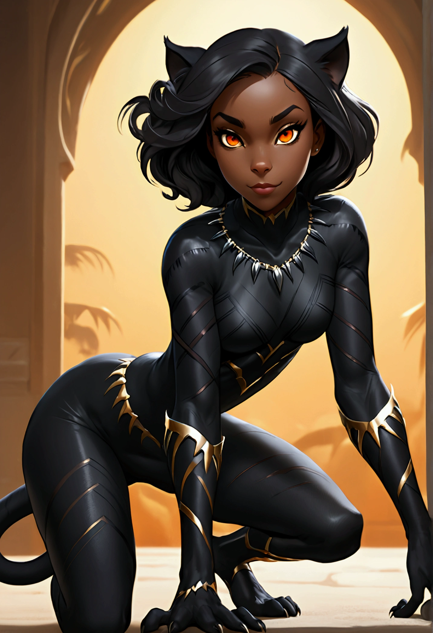 (black female, hybrid, black panther) a panther woman, crawling on all fours, short shoulder-length hair, long tail, glowing scarlet eyes, sensual pose with medium breasts, big ass and thick legs, (full body image), (velues), black cat tail, black catgirl ears, black feline, Cat Woman.