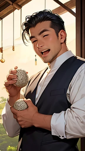 A man holding a rice ball with both hands.、man with open mouth