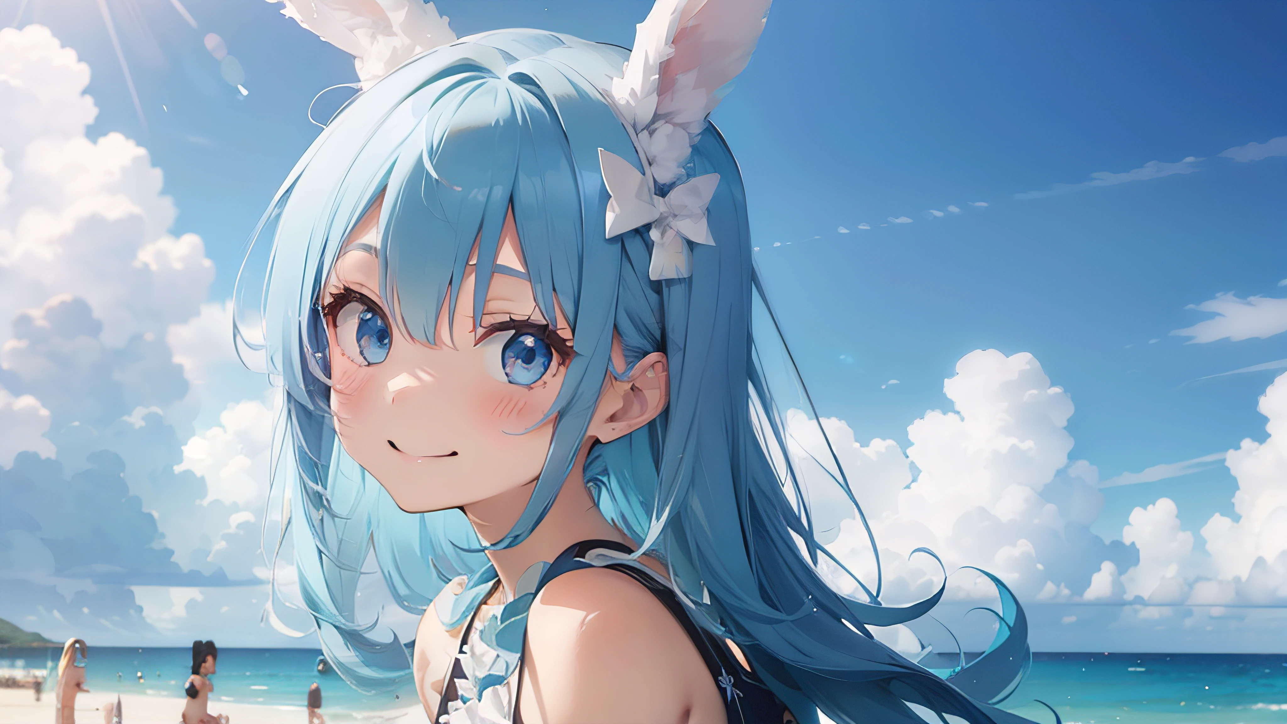 Highest quality, cute, pastel colour, Fluffy white bunny ears, smile,Blue colored hair,Blue colored eyes,wallpaper style,Beach、Sandy Beach、Swimwear
