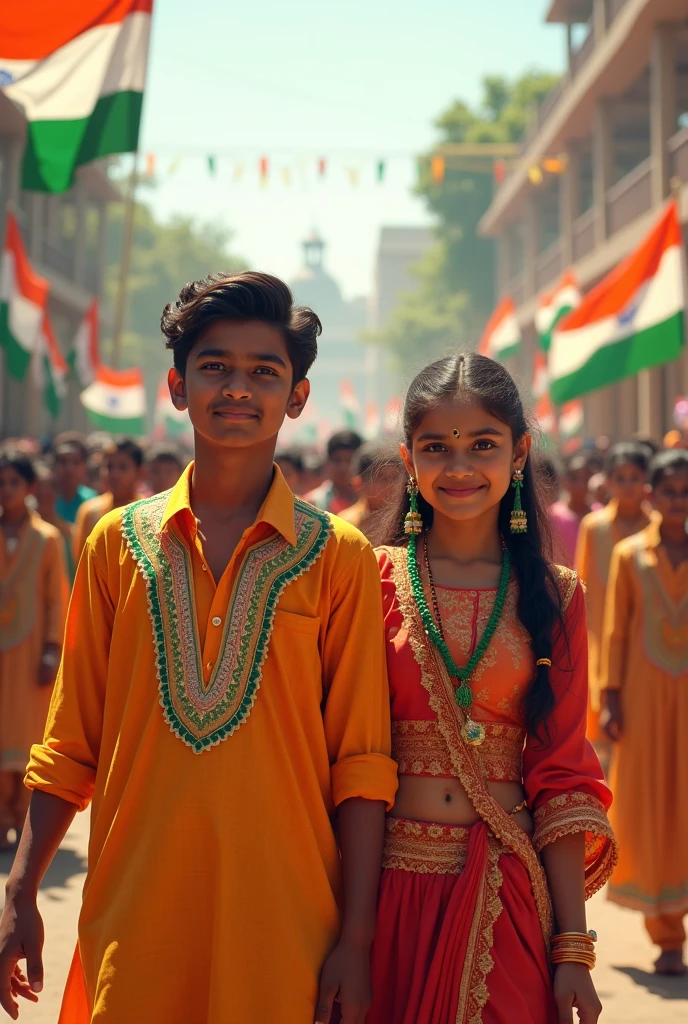 A beautiful 18 year old Indian boy and girl celebrate independence day in the school different look