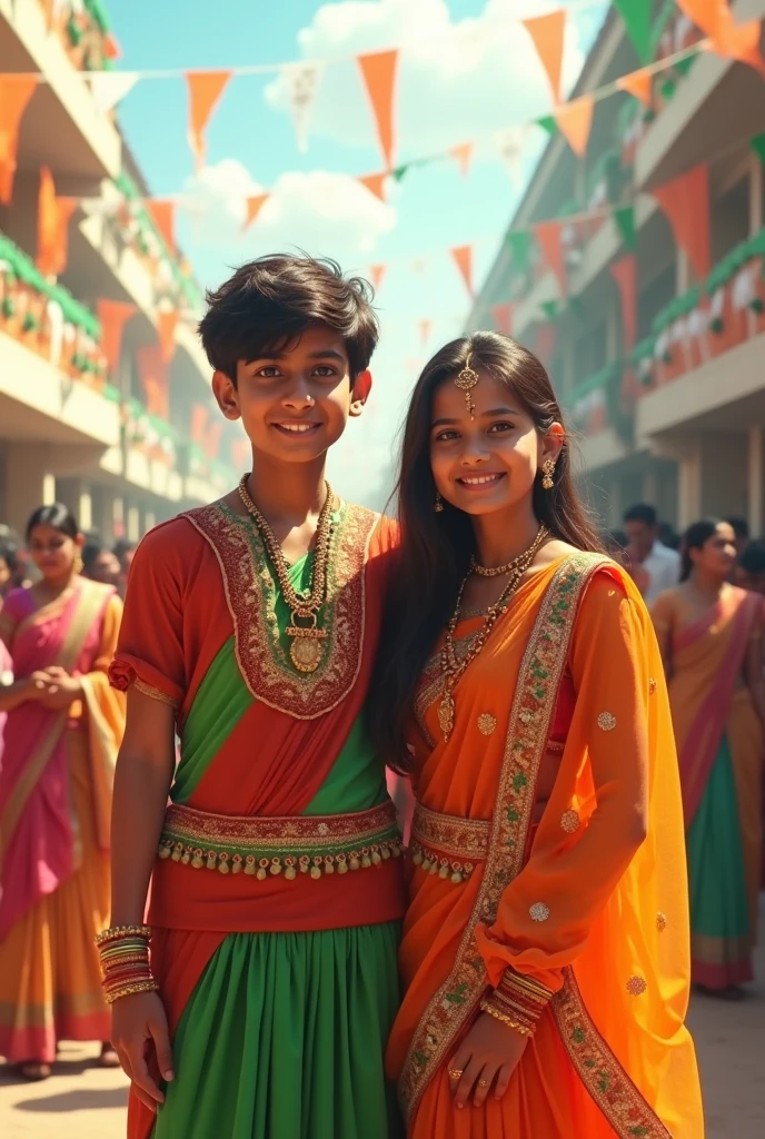 A beautiful 18 year old Indian boy and girl celebrate independence day in the school different look 
