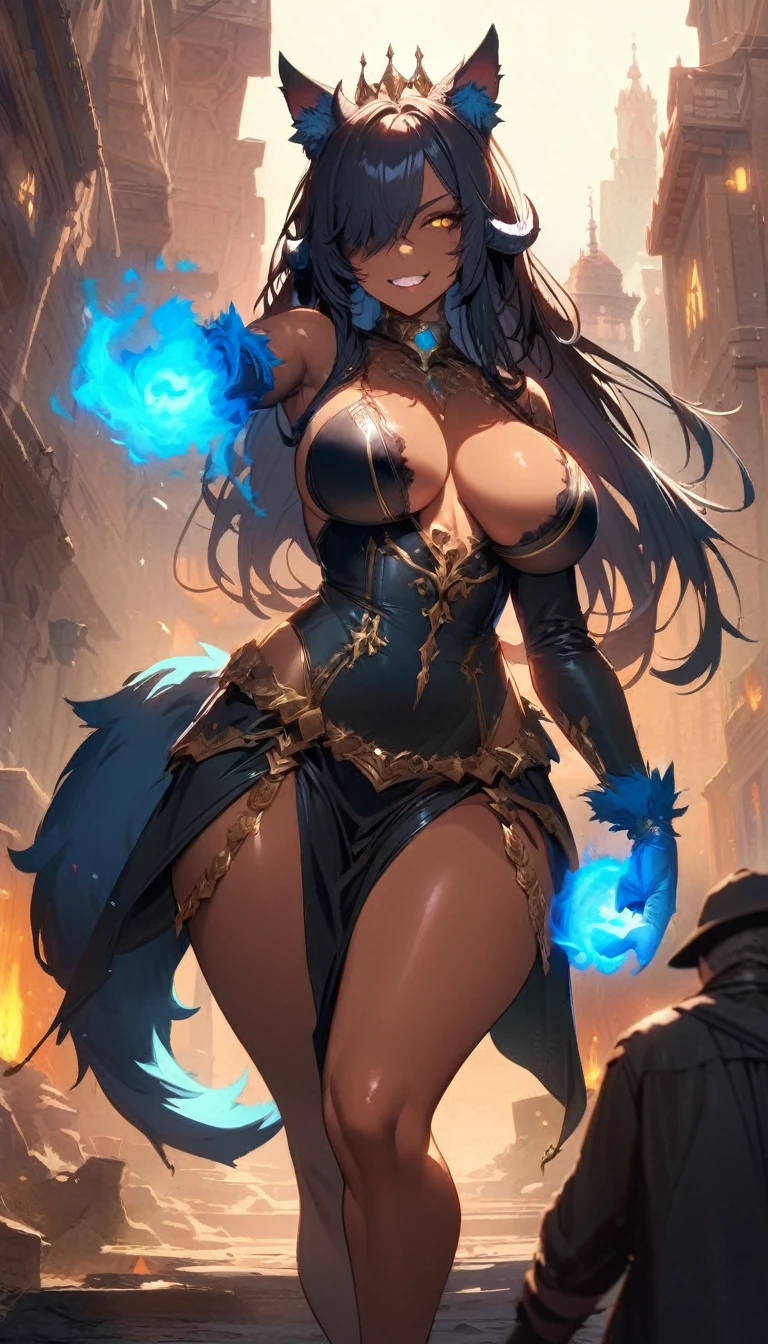 best quality,4k,8k, highres, masterpiece:1.2), ultra-detailed, extremely detailed eyes, extremely detailed body, (large masterpiece digital art), (detailed manga illustration), (detailed line art), ((perfect anatomy)), (intricate details:1.3), (ultra-detailed:1.3), (illustration:1.3), (sharp focus:1.3), (natural lighting:1.05), (vivid colors:1.3), (masterpiece), (best quality:1.4), (perfect anatomy:1.4), high quality, expressive eyes, full body, detailed face, beautiful face, perfect face, 1girl, ((dark skin)), animal ears, black sclera, smile, colored sclera, breasts, solo, monster girl, black hair, (wolf ears), large breasts, curvy, wide hips, long hair, ((gold eyes)), claws, grin, fur, looking at viewer, collar, ((dynamic action pose)), tail, (wolf tail), {(dragon horns)}, demon horns, wings, sadistic smile, hair over eye, {regal outfit}, tiny crown, blue fire, curvy, sexy dress, dark skin, cinematic lighting, dramatic atmosphere, Beautiful woman, dragon spear in hand, Jeff Bridges, ((cartoon style)), Marvel Cinematic Universe style, (((hell castle in the background))), soft bokeh of hellscape, Atey Ghailan, Jeremy Mann, Greg Manchess, Antonio Moro, trend in ArtStation, trend in CGSociety, Intricate, High Detail, Sharp focus, dramatic and photorealistic painting art by Midjourney and Greg Rutkowski,