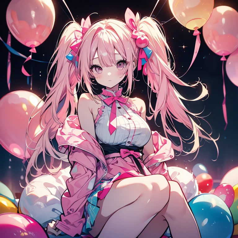 1 person、mature、Ample breasts、Long Hair、Pink balloons、Lots of balloons、Bedroom、sit、bubble gum、Twin tails、Shoulder Bare、mini skirt、High resolution、Highest quality、