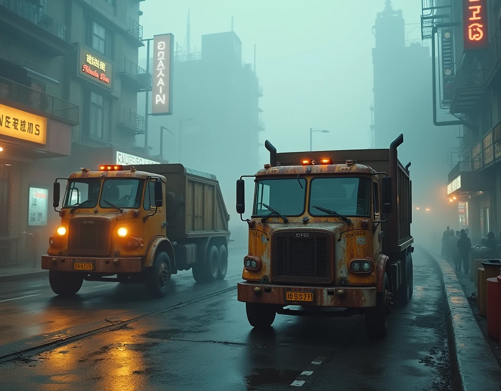 steampunk city scene in morning fog, two age trucks, garbcollection truck, detailed garbage ection station, atmospheric lighting, cinematic composition, dramatic atmosphere, realistic 3d rendering, photorealistic, 8k, highest quality, highly detailed, cinematic lighting, dramatic colors, atmospheric tones, voluminous fog, neon lights, futuristic cityscape, gritty urban environment, industrial machinery, detailed textures, intricate details