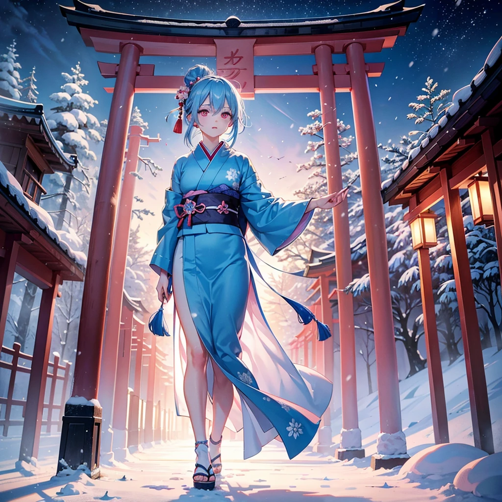 (Sky blue hair tied in a single strand),(Pink Eyes),Fair Skin,Full Body,Alone,Snowy Night,Drawing a divine lot at a temple,torii,japanese kimono,Masterpiece, Top Quality, Very Detailed, Best Shadows,Detailed Background,Beautifully Detailed Face,High Contrast,Best Lighting, Very Delicate and Beautiful,Cinematic Light,Hyper Detail,8k,Dramatic Light,Exquisite Detail,