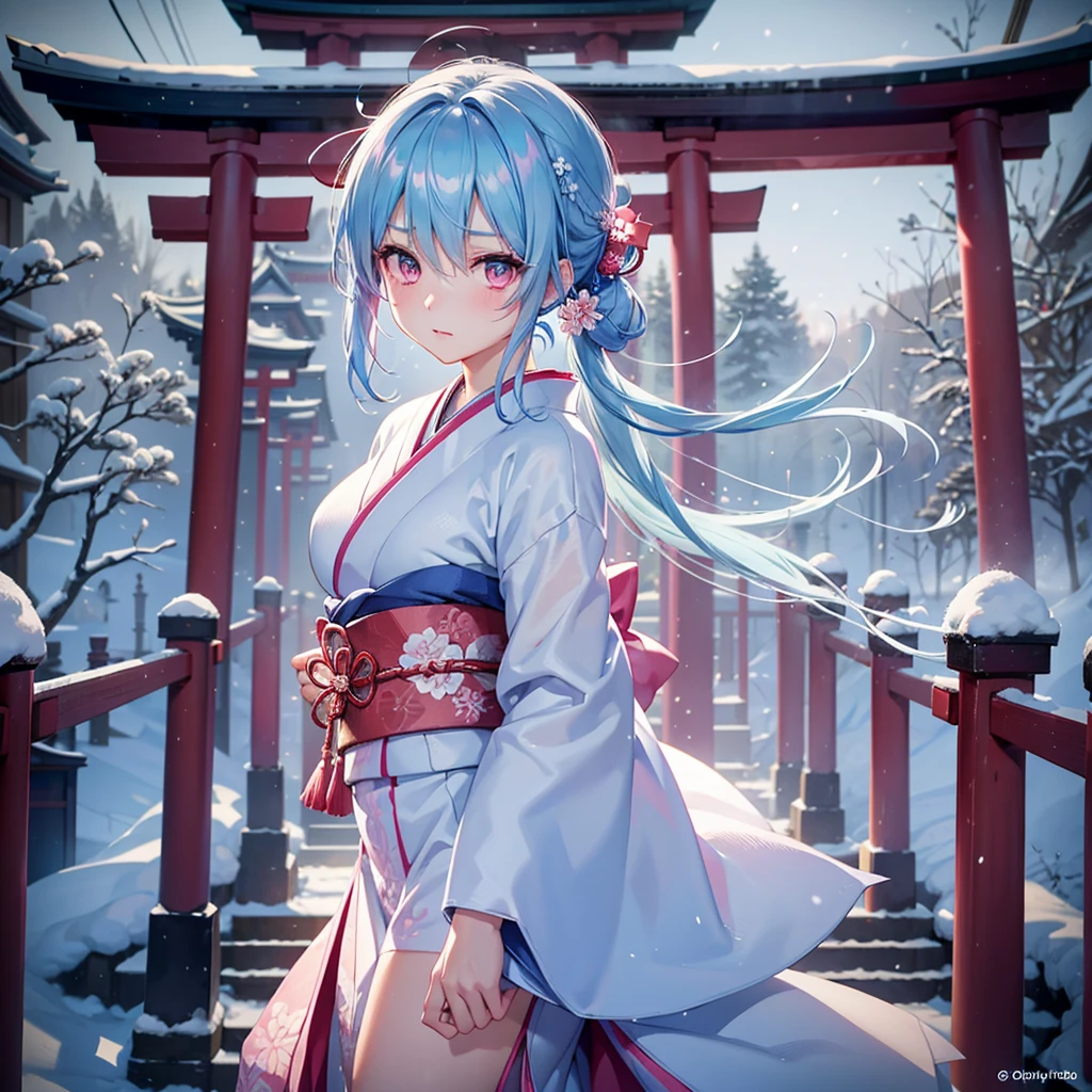 (Tying her sky blue hair into a single braid),(Pink Eyes),Fair skin,whole body,alone,Snowy Night,Drawing a fortune at a temple,torii,Shrine maiden、masterpiece, Highest quality, Very detailed, Best Shadow,Detailed Background,Beautifully detailed face,High Contrast,Best lighting, Very delicate and beautiful,Cinematic Light,Hyper Detail,8k,Dramatic Light,Exquisite detail,