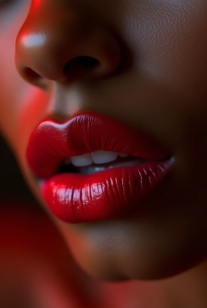 Close-up of beautiful, full, red lips belonging to a woman with chocolate-golden skin and Afro-Latin features.