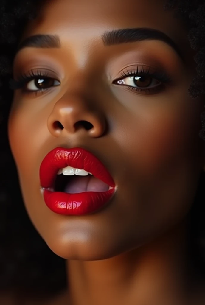 Close-up of beautiful, full, red lips belonging to a woman with chocolate-golden skin and Afro-Latin features.