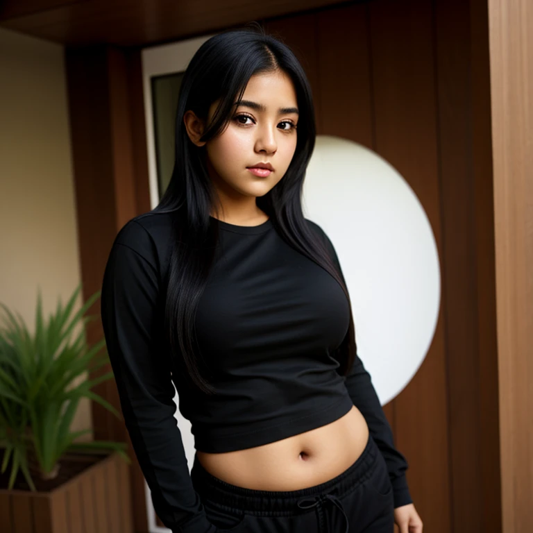 body photo, beautiful detailed, cute face, short, mexican teen, slightly chubby, long black hair, black hair over one eye, long sleeve plain T-shirt, long pants, fat wide hips, solo,