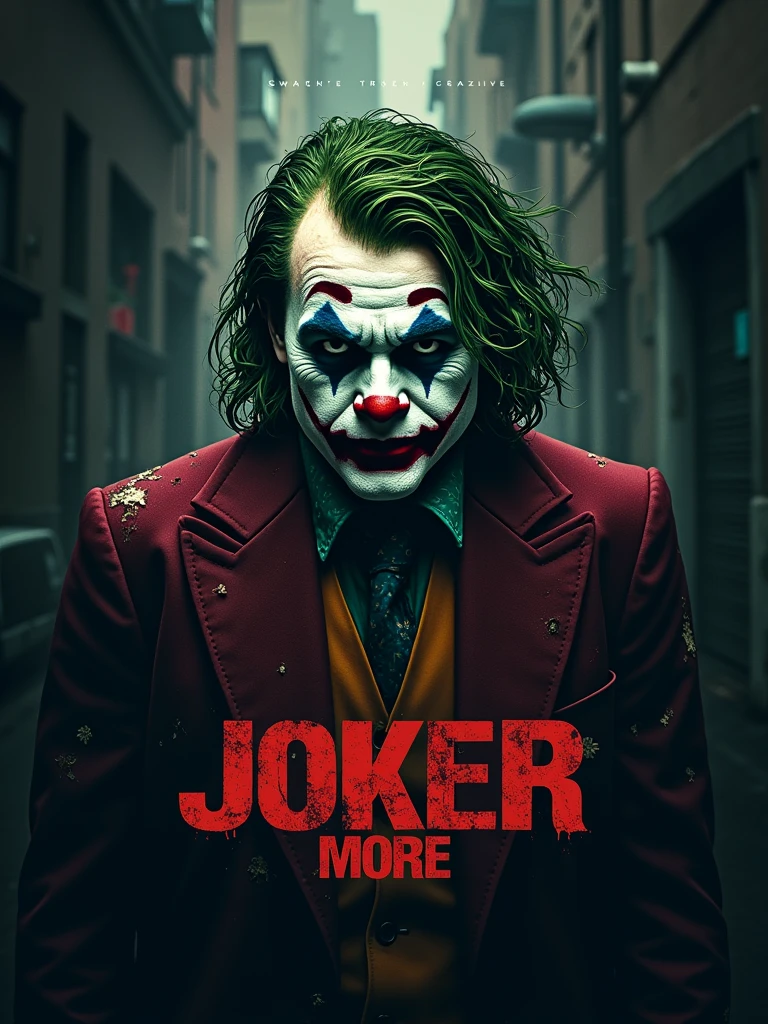 logo 'Mnever_More' with aesthetic style, the joker(joquain phoenix) at the lift on(scene at film) background