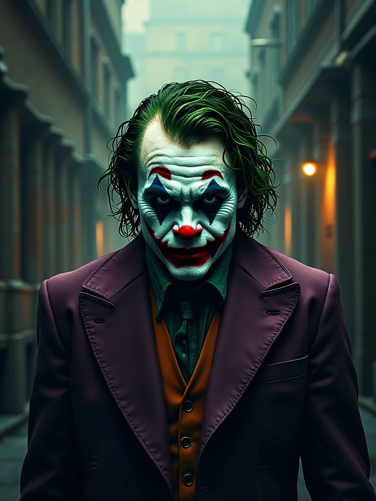 logo 'Mnever_More' with aesthetic style, the joker(joquain phoenix) at the lift on(scene at film) background